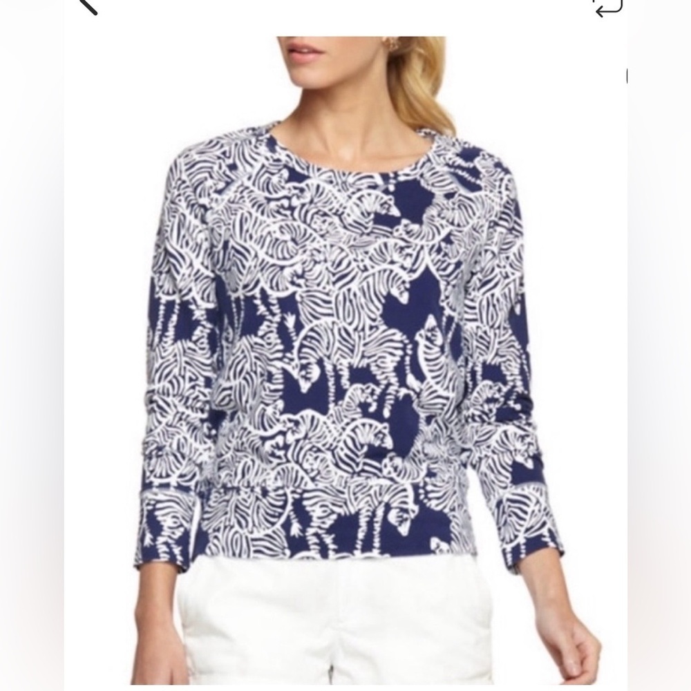 LILLY PULITZER Sz S I herd You Bright Navy Zebra Print Popover Pullover Top EUC